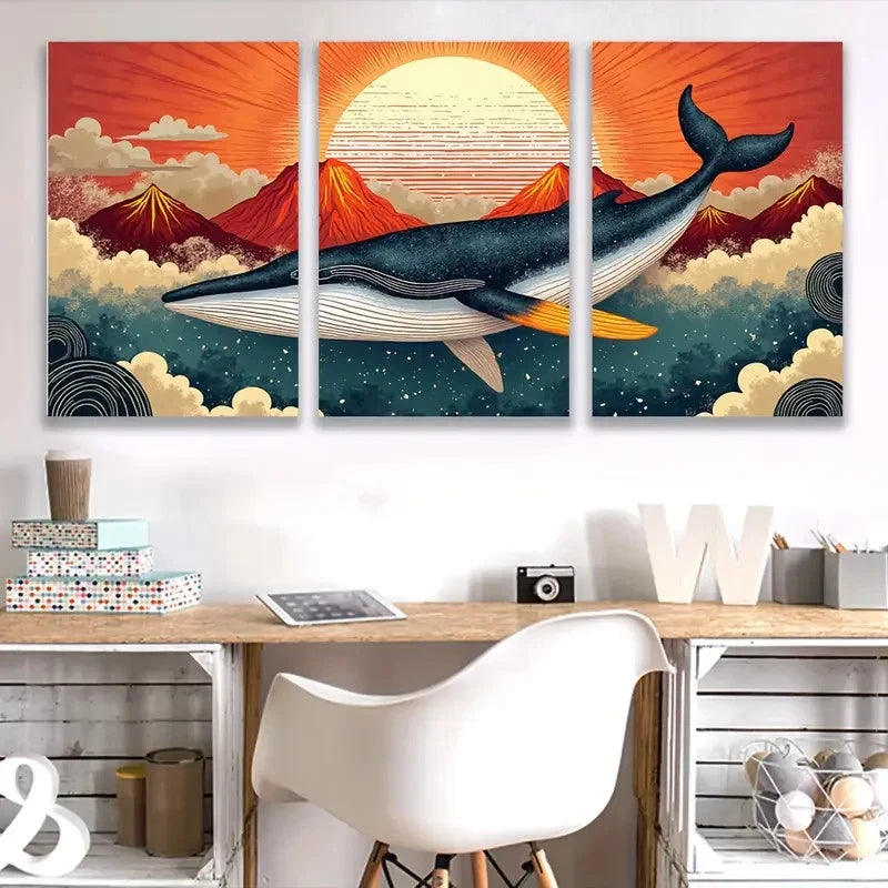 3pcs Whale Jumps in sky painting Wall Art Set Canvas Framed 60x90cm - High Quality Print 100% Australian Made Wall Canvas Ready to Hang