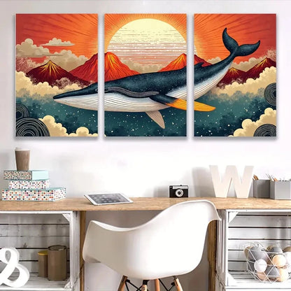 3pcs Whale Jumps in sky painting Wall Art Set Canvas Framed 60x90cm - High Quality Print 100% Australian Made Wall Canvas Ready to Hang