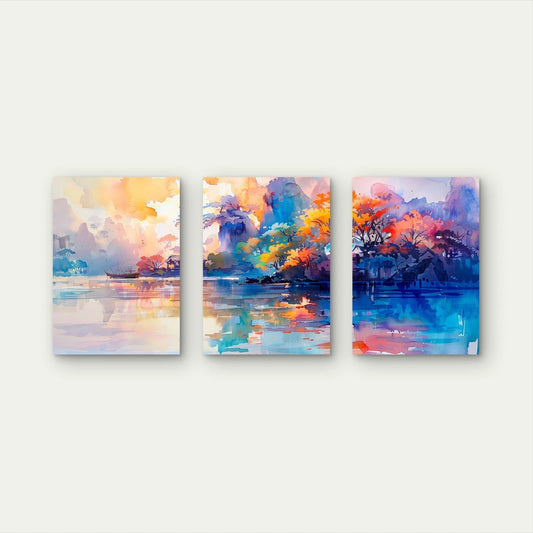 3pcs Autumn Colors Dancing On The Water Wall Art Set Canvas Framed 60x90cm - High Quality Print 100% Australian Made Wall Canvas Ready to Hang