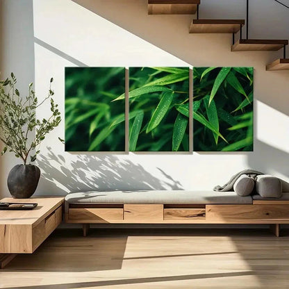 3pcs Green Bamboo Leaves Dew Drops Nature Metal Print Ready to Hang Art