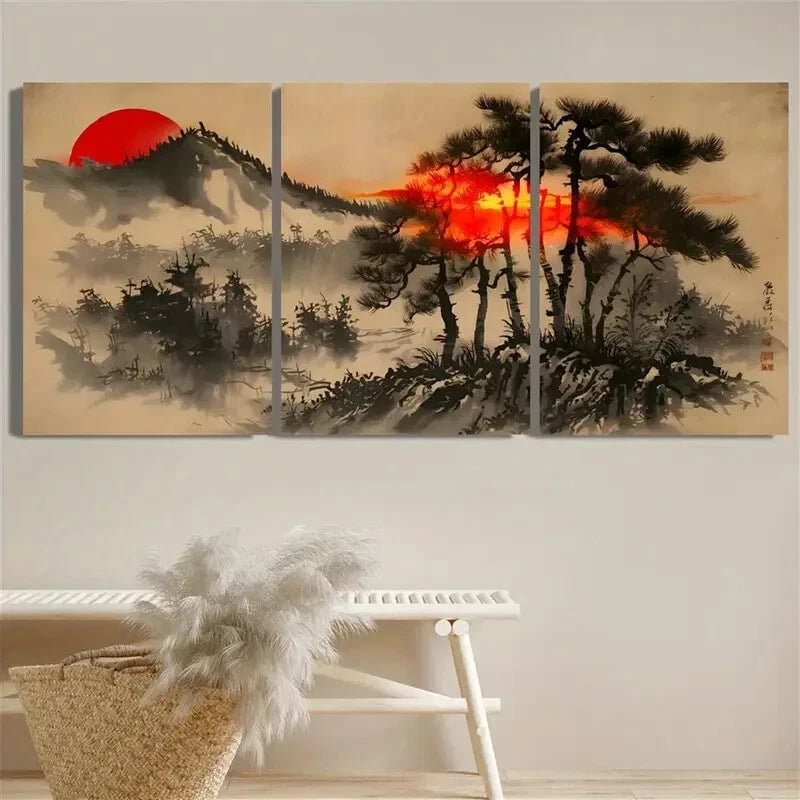 3pcs Sunset Illustration Forest Tree Painting Metal Print Ready to Hang Art