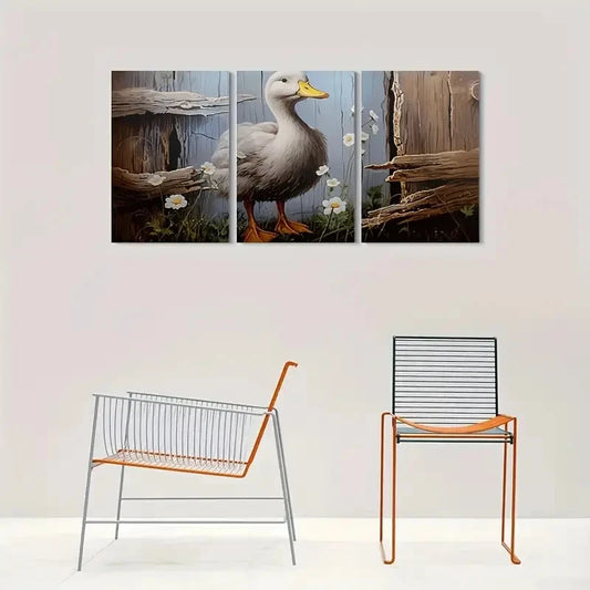 3pcs Vintage Whimsical Duck & Flowers Metal Print Ready to Hang Art