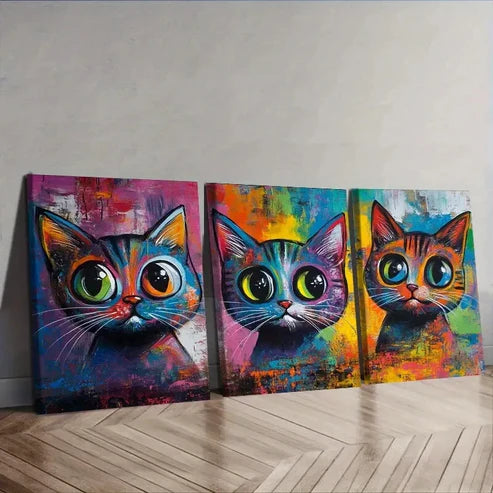 3pcs Colorful Cats Wall Art Set Canvas Unframed - High Quality Print 100% Australian Made Wall Canvas