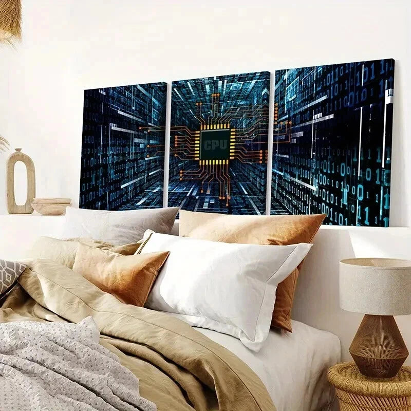 3pcs Technology with Chips CPU Internet Wall Art Set Canvas Framed 60x90cm - High Quality Print 100% Australian Made Wall Canvas Ready to Hang