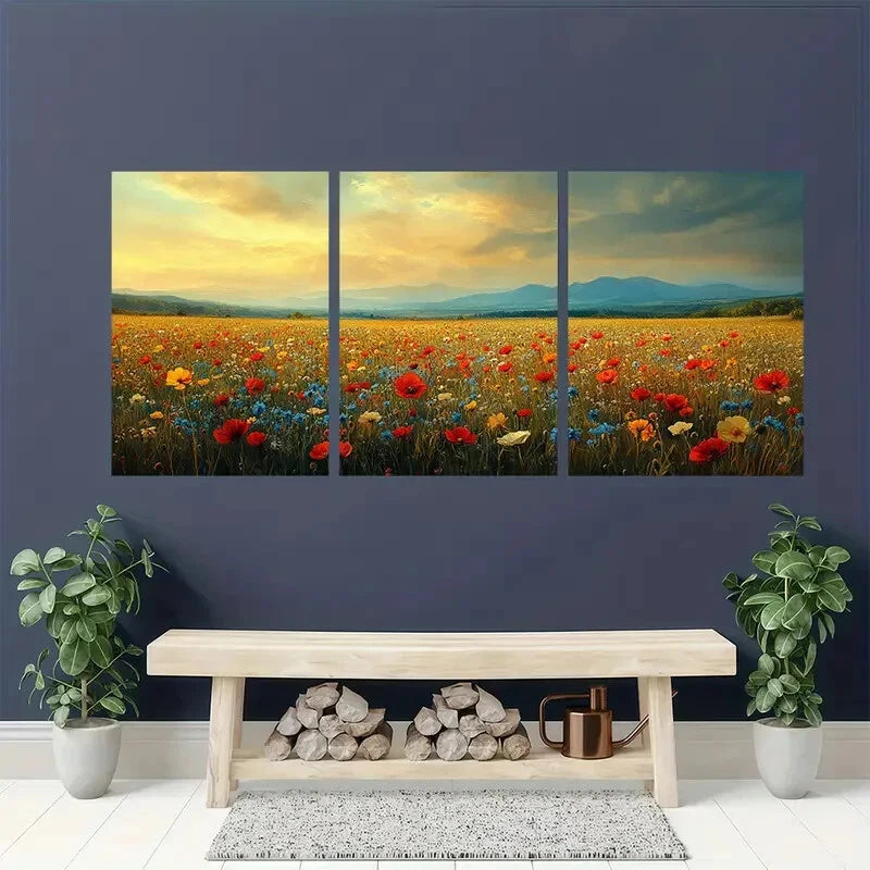 3pcs Vintage Wildflower Field Floral Landscape Metal Print Ready to Hang Art