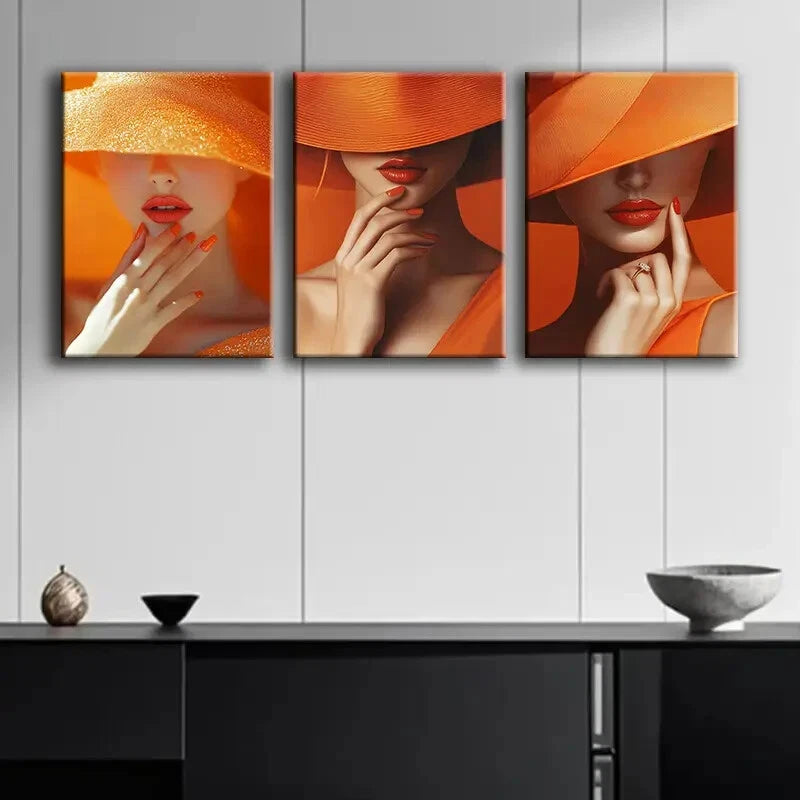 3pcs Elegant Woman In Orange Hat And Dress Metal Print Ready to Hang Art