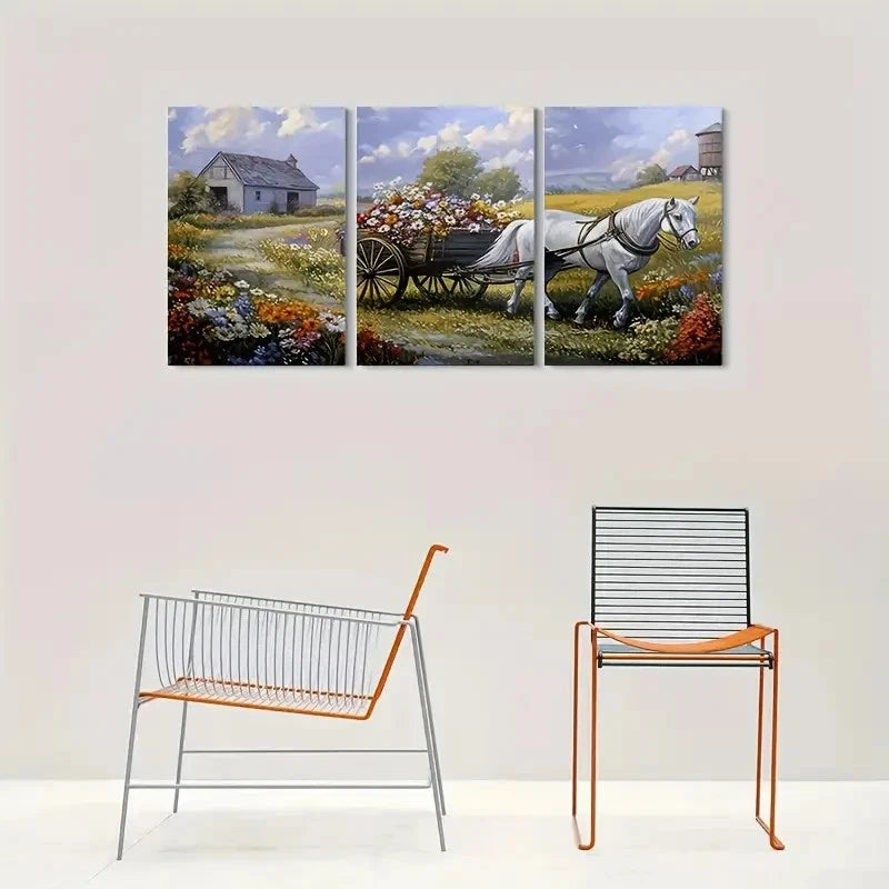 3pcs Elegant Horse and Flower Cart Greenery Metal Print Ready to Hang Art