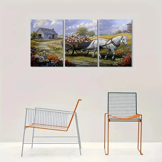 3pcs Elegant Horse and Flower Cart Greenery Metal Print Ready to Hang Art