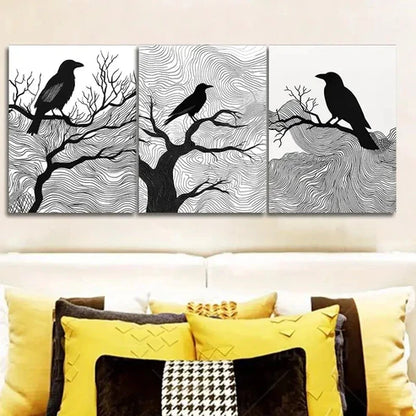 3pcs Black Crow on Tree Branches Wall Art Set Wall Art Canvas Unframed – High Quality Print 100% Australian Made Wall Canvas