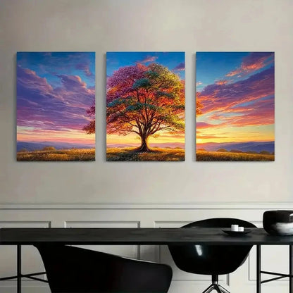 3pcs Vibrant Tree in Open Field Art Painting Metal Print Ready to Hang Art