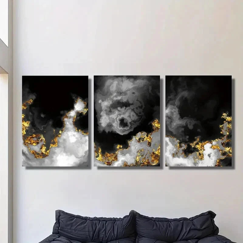 3pcs Black and Golden Abstract Space Clouds Metal Print Ready to Hang Art
