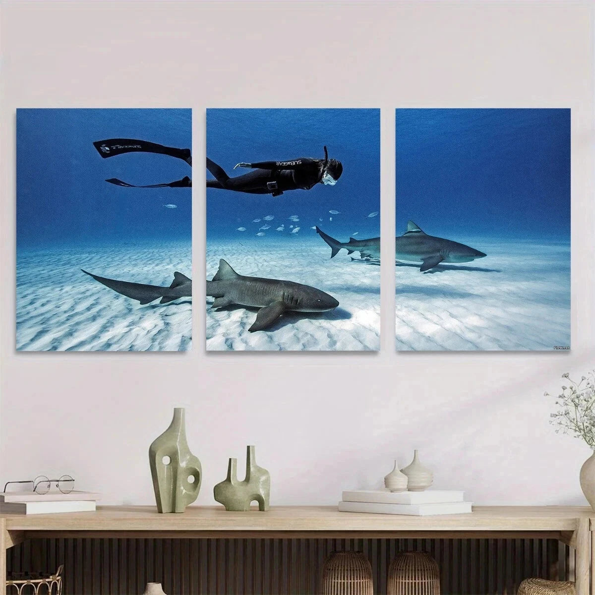 3pcs Underwater Adventure Diver and Sharks Metal Print Ready to Hang Art