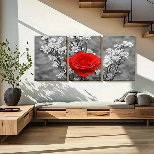 3pcs Red Roses Small Daisies Flower Wall Art Set Canvas Framed 40x60cm - High Quality Print 100% Australian Made Wall Canvas Ready to Hang