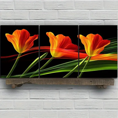 3pcs Colorful Golden Flowers Green Red Metal Print Ready to Hang Art