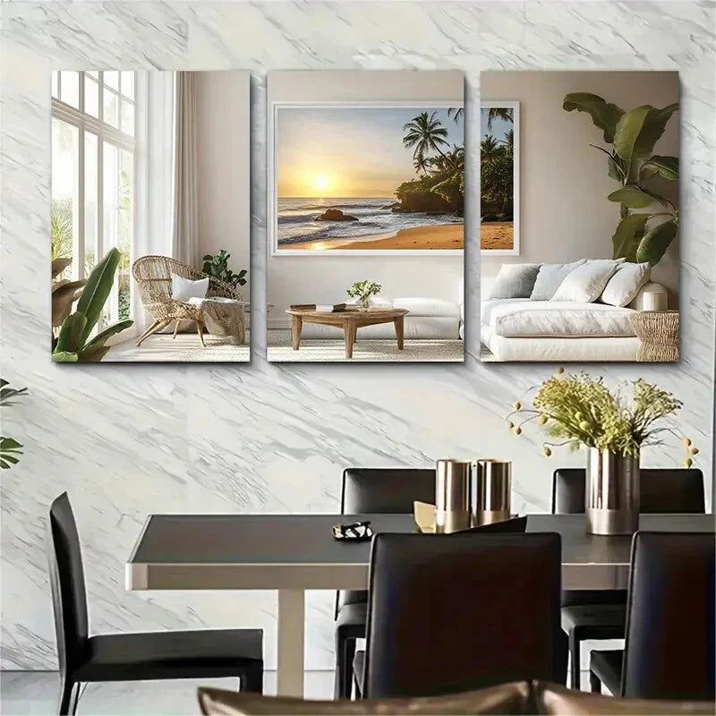 3pcs Serene Beach Sunset Scenes with Palm Trees Metal Print Ready to Hang Art