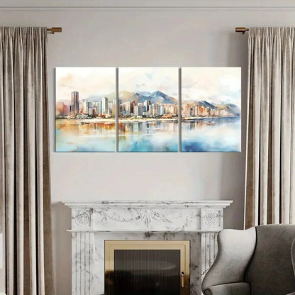 3pcs Cityscape Mountains Watercolor Style Metal Print Ready to Hang Art