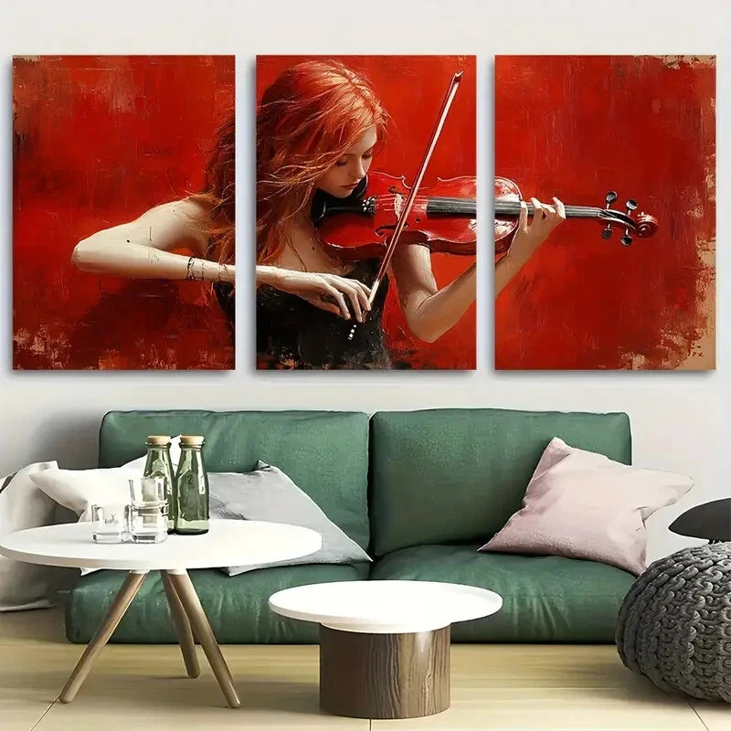 3pcs Elegant Red Haired Violinist Metal Print Ready to Hang Art