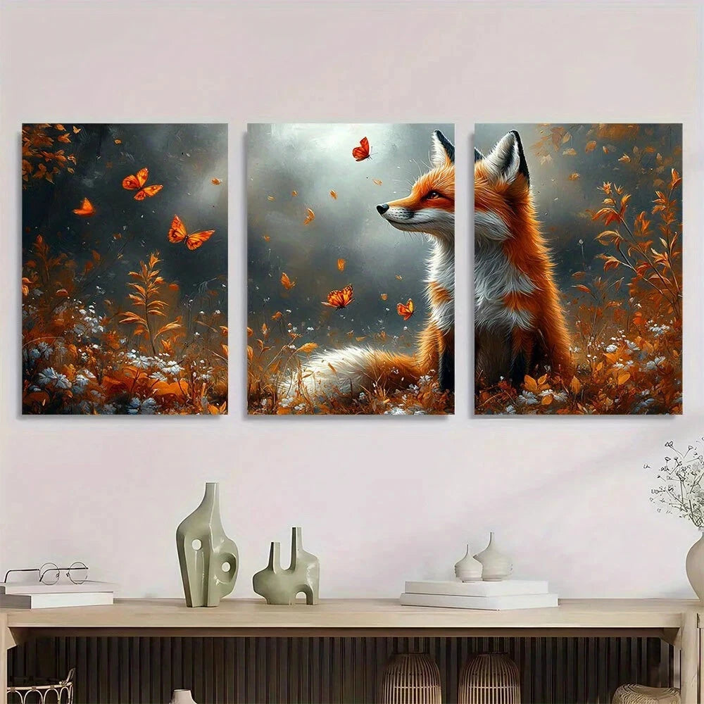 3pcs Fox Butterfly Animal Wildlife Metal Print Ready to Hang Art