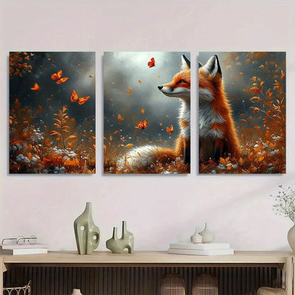 3pcs Fox Butterfly Animal Wildlife Metal Print Ready to Hang Art