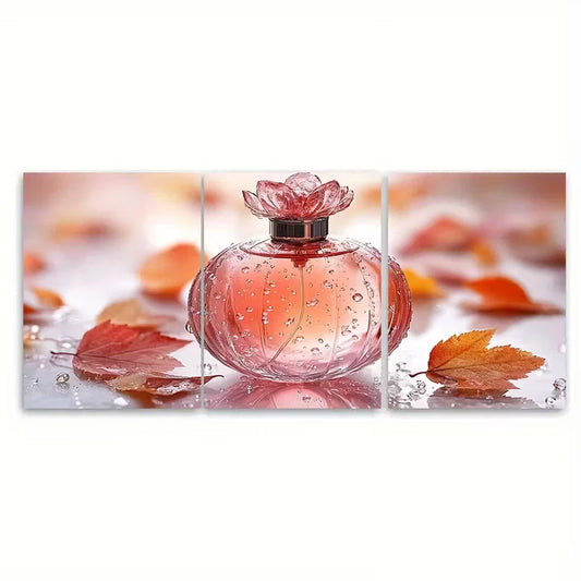3pcs Elegant Pink Perfume Bottle Metal Print Ready to Hang Art
