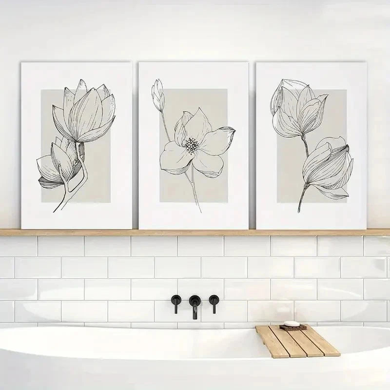 3pcs Beige Simple Floral Painting Wall Art Metal Print Ready to Hang Art