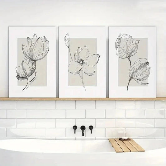 3pcs Beige Simple Floral Painting Wall Art Metal Print Ready to Hang Art