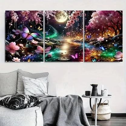 3pcs Night Garden with Moon and Butterflies Metal Print Ready to Hang Art