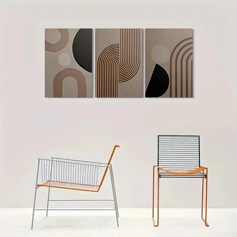 3pcs Modern Abstract Geometric Brown and Black Metal Print Ready to Hang Art