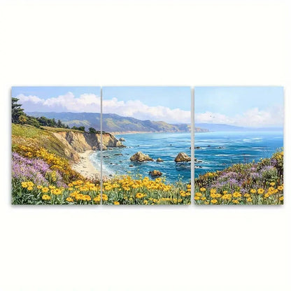 3pcs Big Sur Wildflowers Coastal Ocean Landscape Wall Art Set Canvas Framed 60x90cm - High Quality Print 100% Australian Made Wall Canvas Ready to Hang