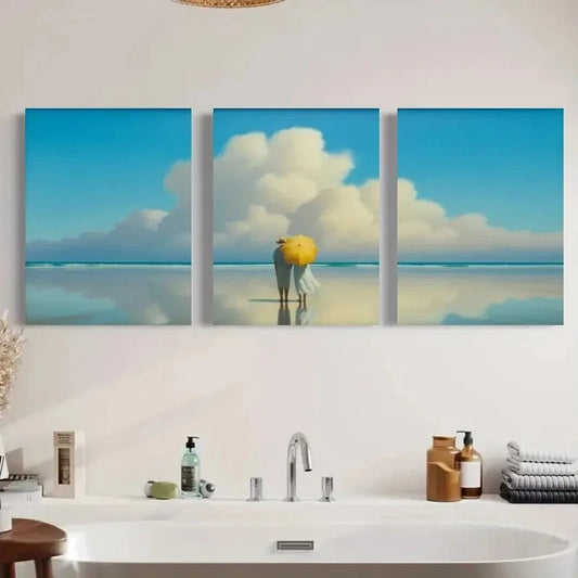 3pcs Yellow Umbrella Blue Sky & White Clouds Metal Print Ready to Hang Art