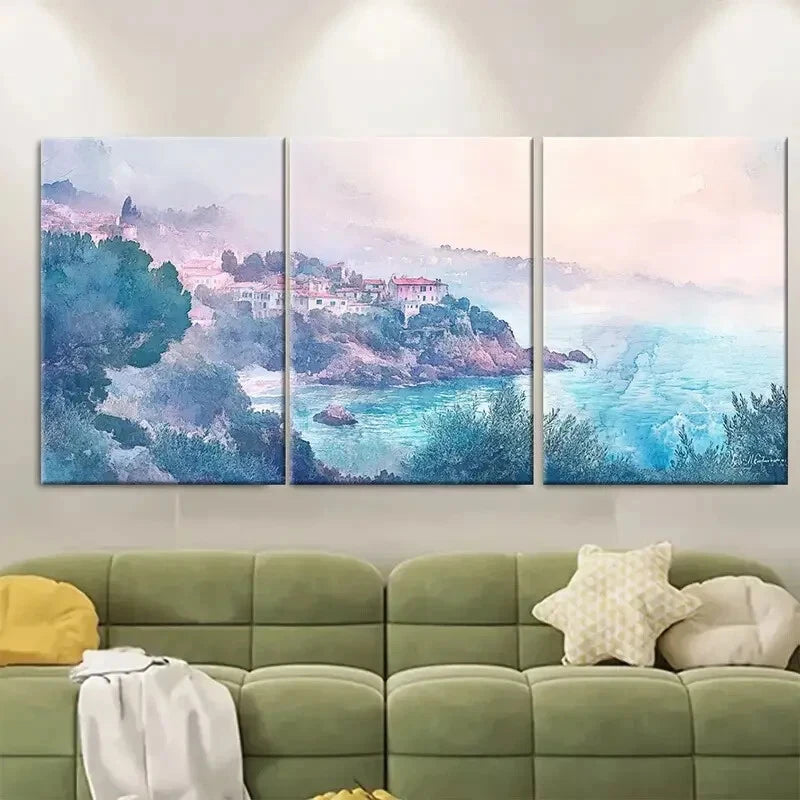 3pcs French Riviera in Morning Mist Coastal Metal Print Ready to Hang Art