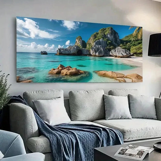 Tropical Palm Rocks Beach wall canvas office home room framed 120x60cm - Bella Home Decor