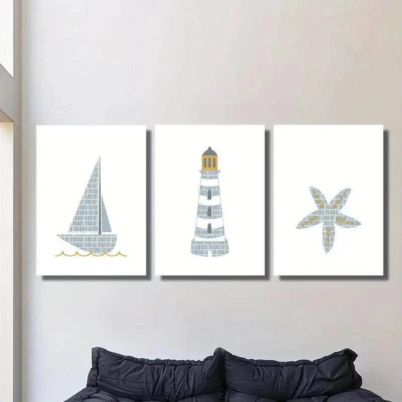 3pcs Watercolor Sailboat Lighthouse Starfish Metal Print Ready to Hang Art