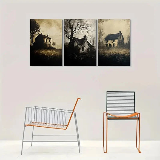 3pcs Vintage Farmhouse Buildings & Lush Greenery Metal Print Ready to Hang Art