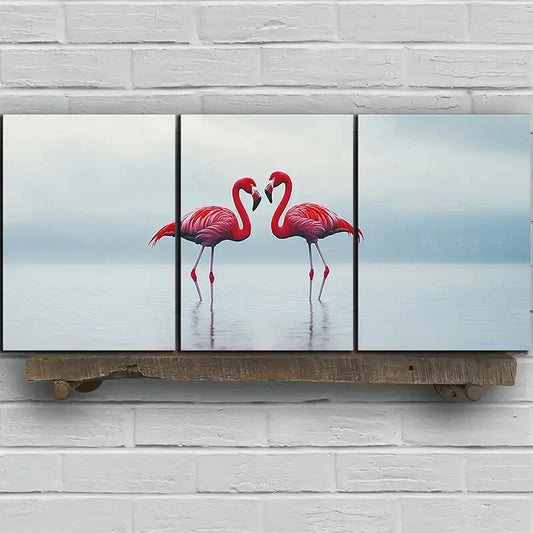 3pcs Pink Flamingos Painting Nature Metal Print Ready to Hang Art