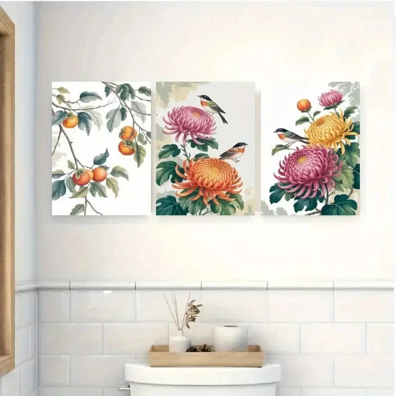 3pcs Chrysanthemum Persimmon Songbird Metal Print Ready to Hang Art