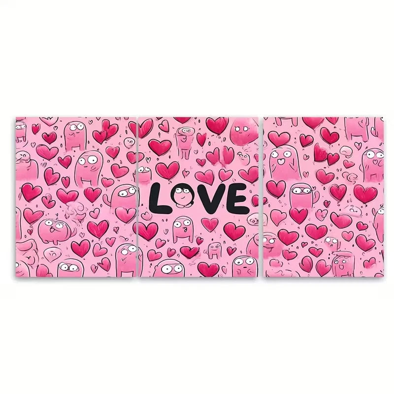3pcs Funny Bathroom Pink Heart Character Metal Print Ready to Hang Art