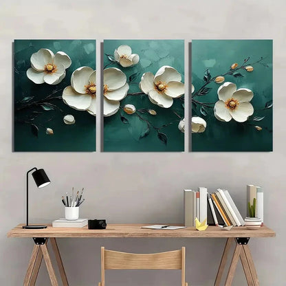 3pcs Abstract White Floral Oil Painting Metal Print Ready to Hang Art