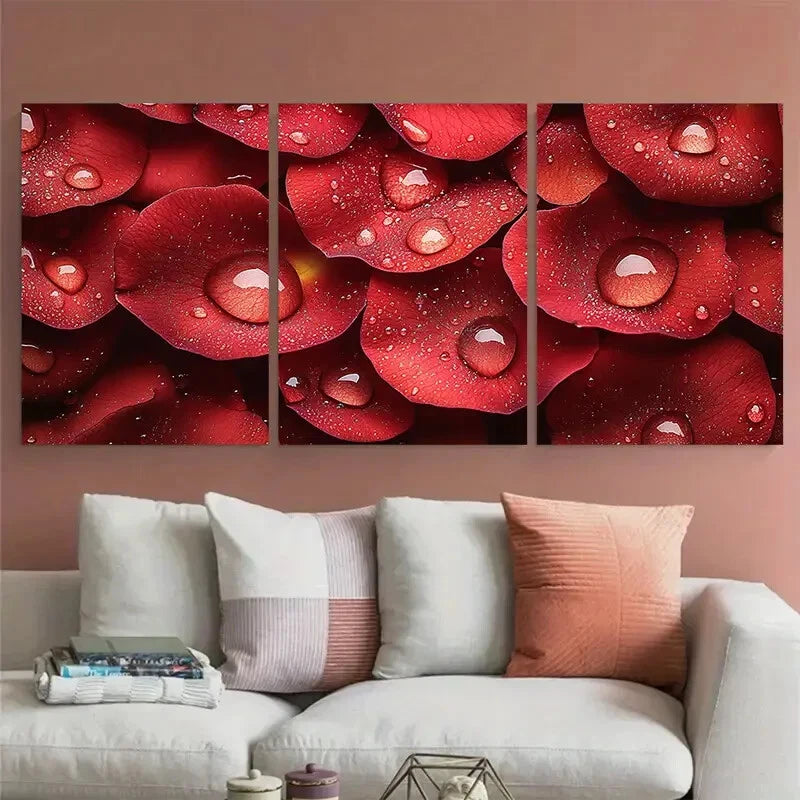 3pcs Macro Photography of Raindrops on Rose Petals Metal Print Ready to Hang Art