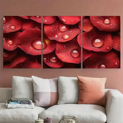 3pcs Macro Photography of Raindrops on Rose Petals Metal Print Ready to Hang Art