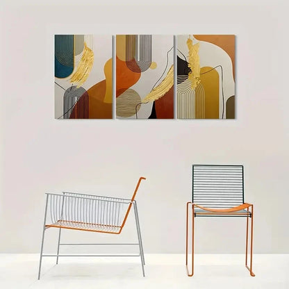 3pcs Geometric Black Lines Orange Metal Print Ready to Hang Art