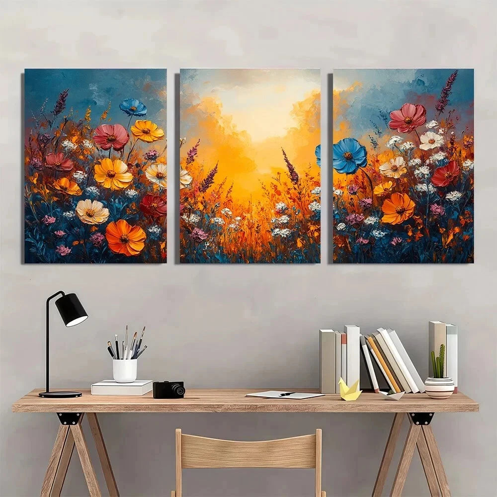 3pcs Vibrant Colorful Painting Wildflowers Metal Print Ready to Hang Art