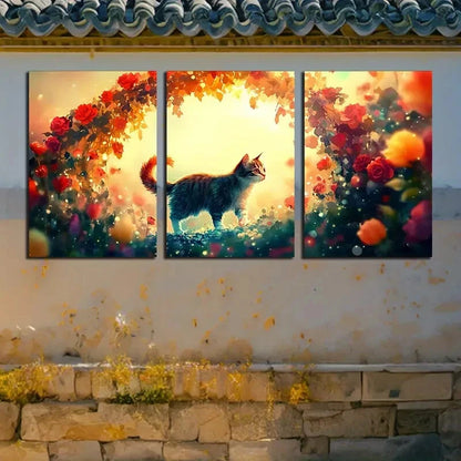 3pcs Vibrant Whimsical Cat and Floral Arch Metal Print Ready to Hang Art