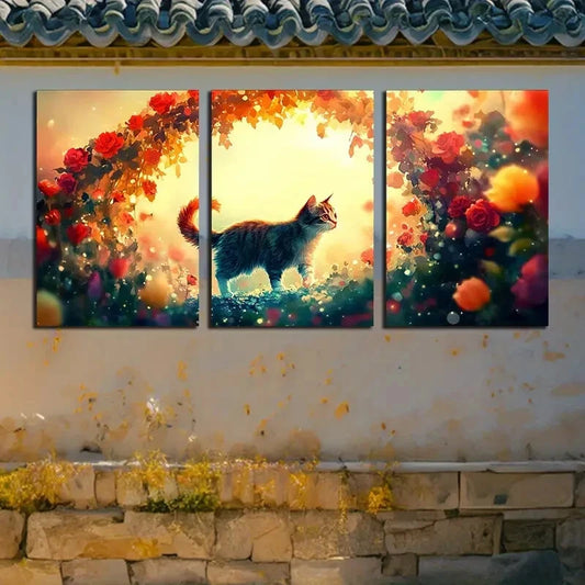 3pcs Vibrant Whimsical Cat and Floral Arch Metal Print Ready to Hang Art