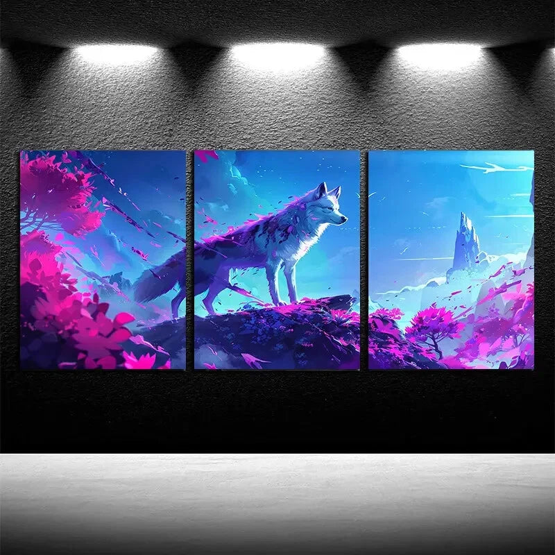 3pcs Vibrant Huskies in The Flowers Metal Print Ready to Hang Art