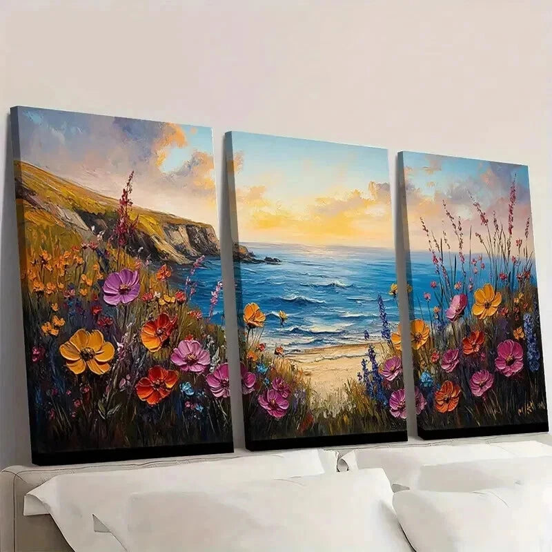 3pcs Coast Beach Wildflowers Landscape Wall Art Set Canvas Framed 40x60cm - High Quality Print 100% Australian Made Wall Canvas Ready to Hang