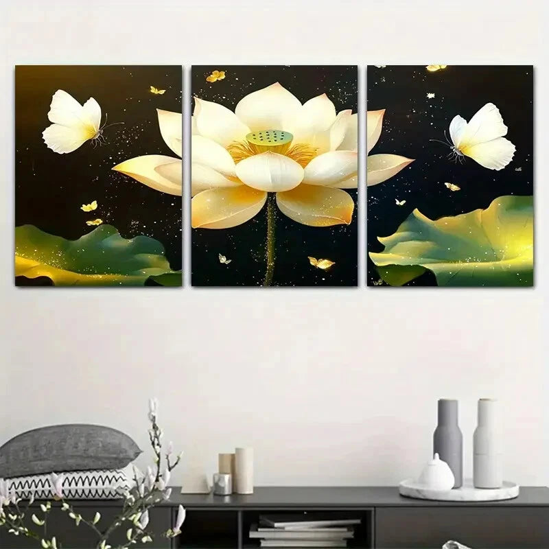 3pcs Elegant Lotus and Butterfly Design Metal Print Ready to Hang Art