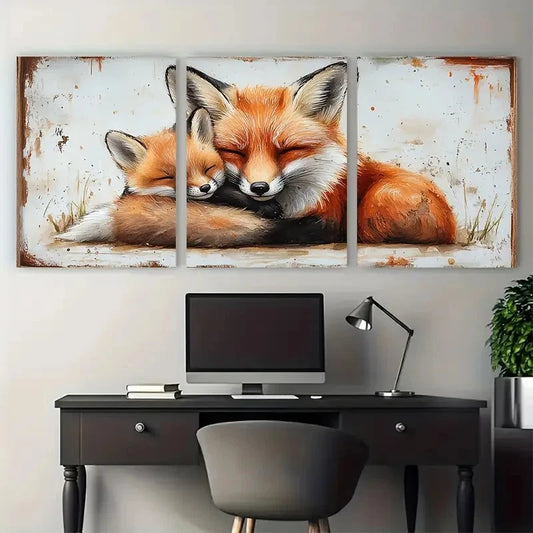 3pcs Watercolour Mother Fox And Fox Kit Cuddling Metal Print Ready to Hang Art