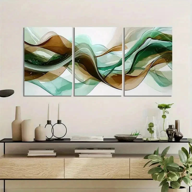 3pcs Abstract Flowing Wave of Green and Brown Metal Print Ready to Hang Art