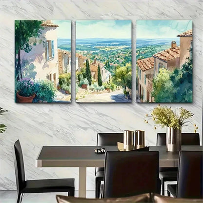 3pcs Scenic French Countryside with Stone Houses Metal Print Ready to Hang Art